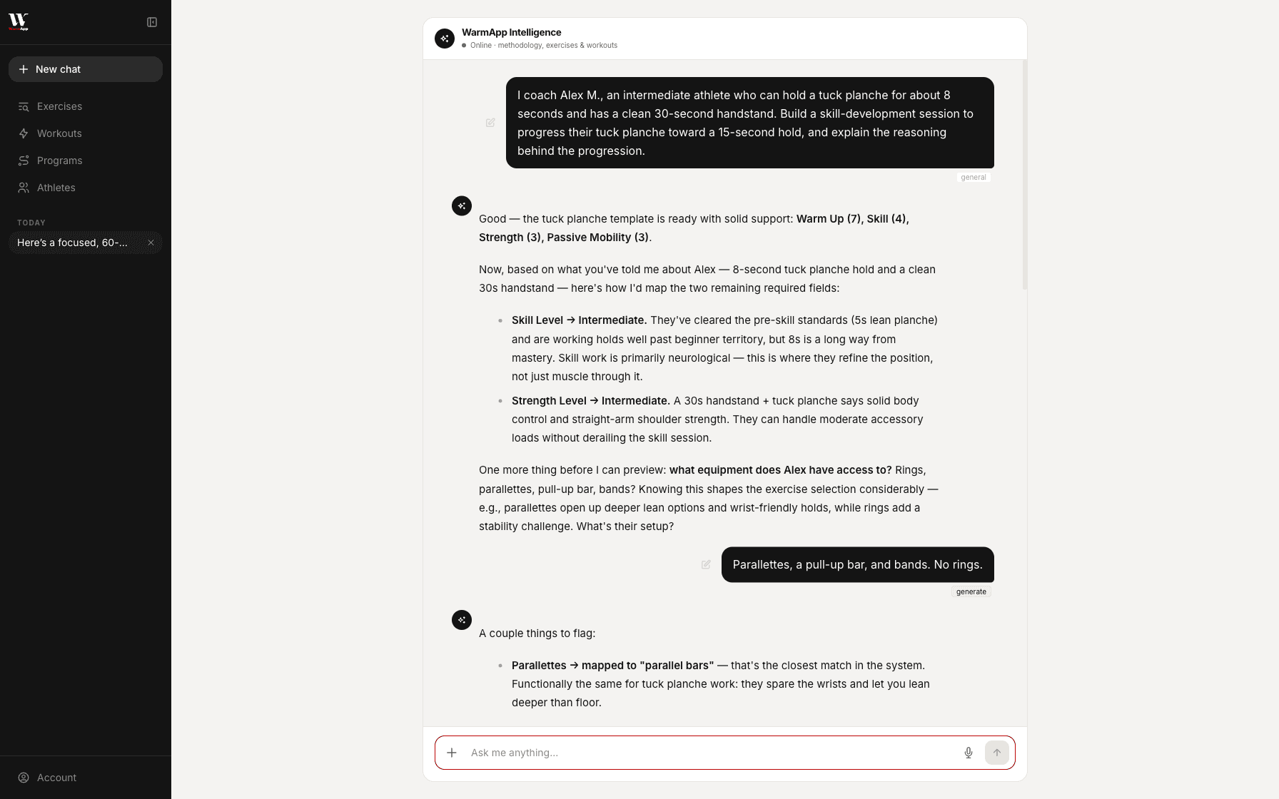Describe a tu atleta. WarmApp construye el programa y explica el porqué.